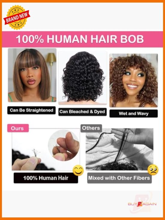 Short Bob Wig Human Hair Glueless Water Wave 12 Inches 210% Density W/Bangs main image 4